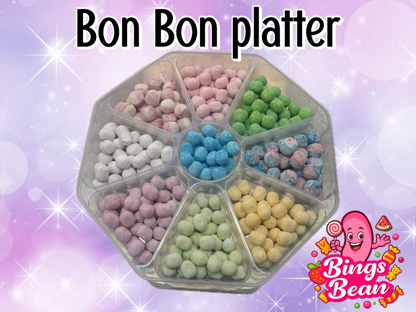 Bon Bon 9 section sweet platter - variety of mouthwatering Bon Bon's. Bonus comes in a reusable plastic platter case, perfect for snacks!