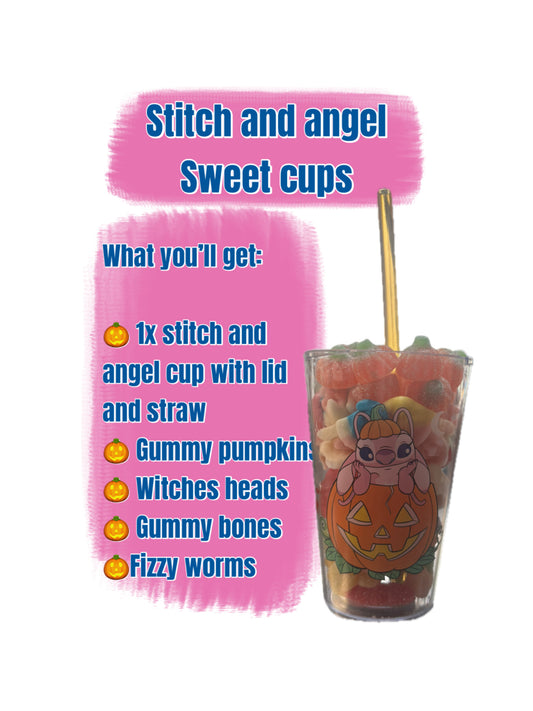 Stitch and angel Halloween sweet cup - reusable cup with straw and sweets.