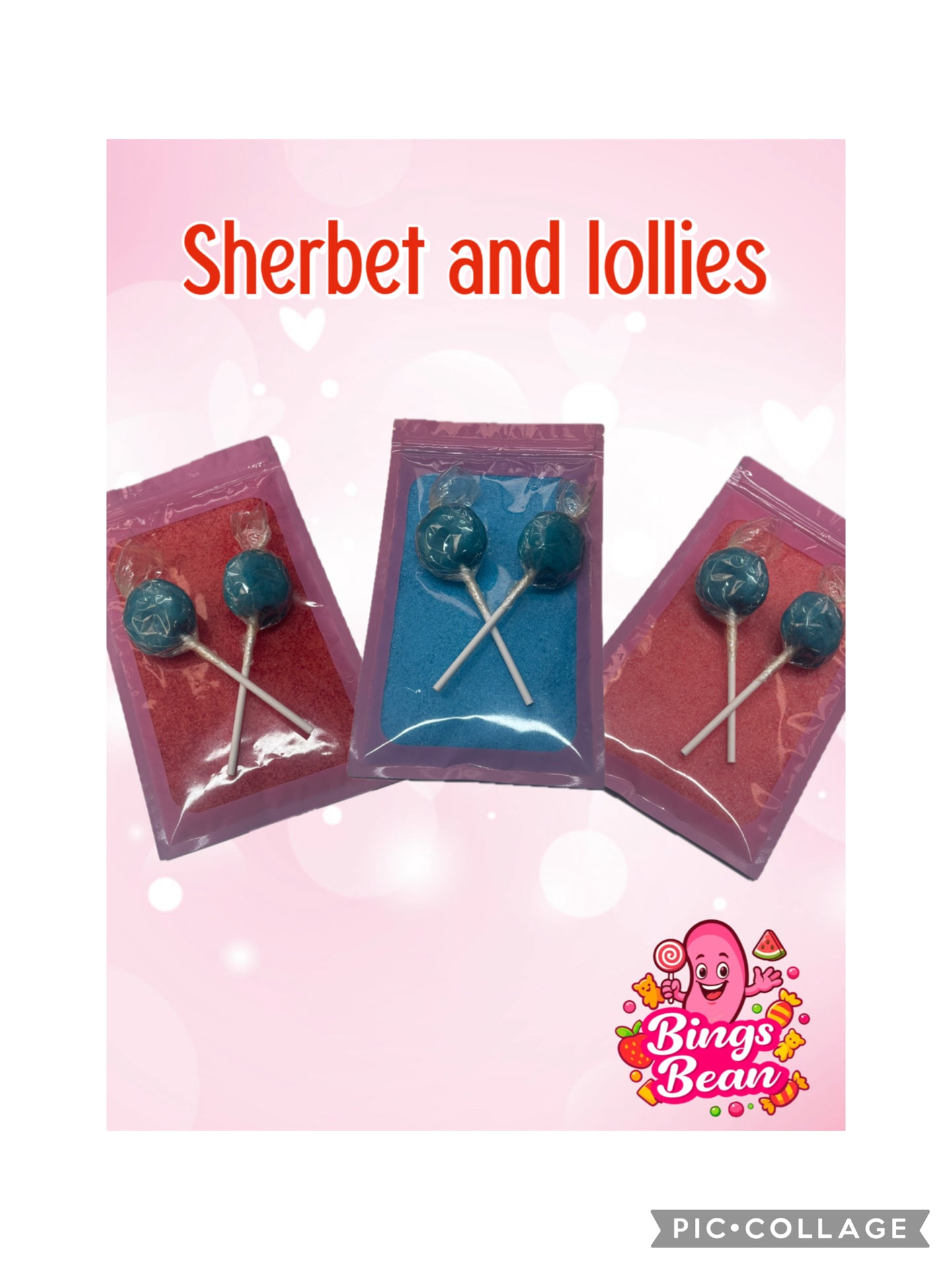 Sherbet and lollies - 100g of sherbet and 2 Dobsons mega lollies in a resealable pouch.