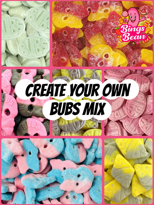 BUBS Create your own Pick N mix ( A MINIMUM OF 5 ITEMS MUST BE ADDED TO CART ) each option will be 100g of sweets. All sweets will be in the same resealable pouch and mixed.