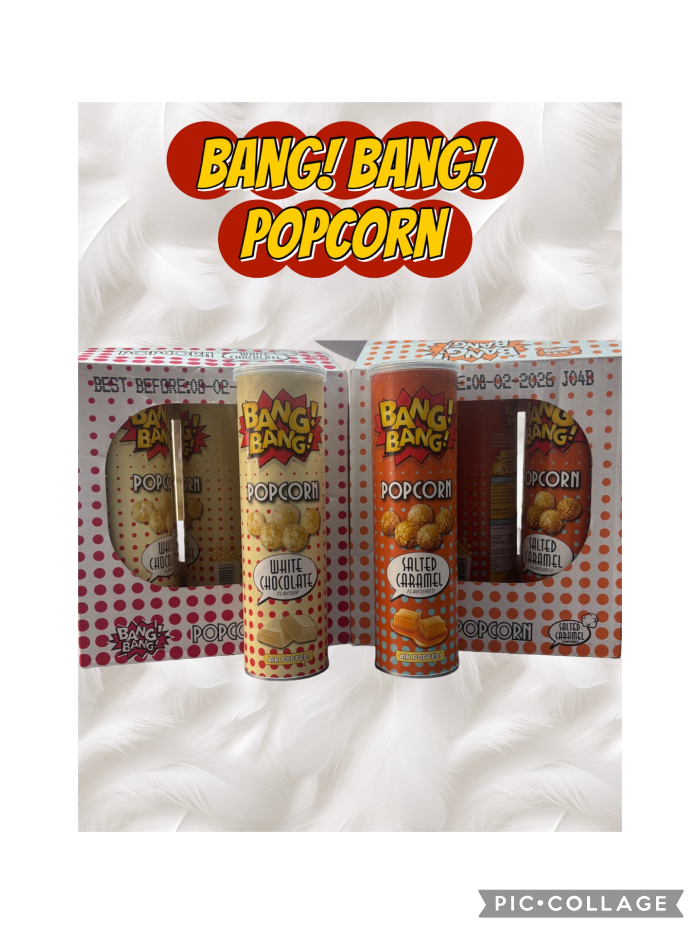 BANG BANG POPCORN - different flavours to choose from, white chocolate, salted caramel and chocolate