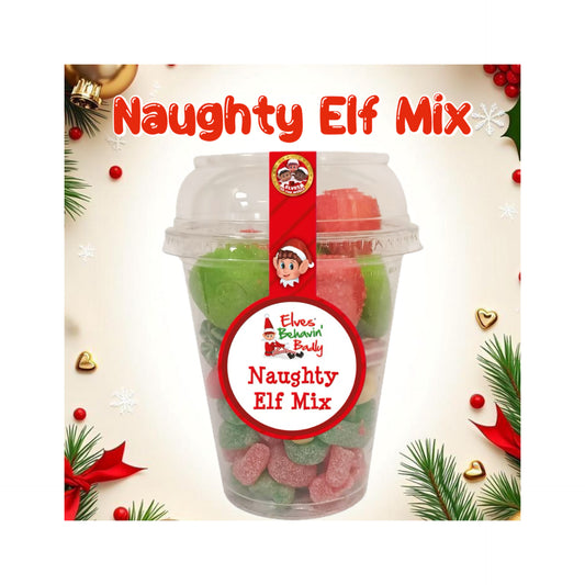 Naughty elf mix - comes in a plastic cup filled with festive red and green sweets! 210g