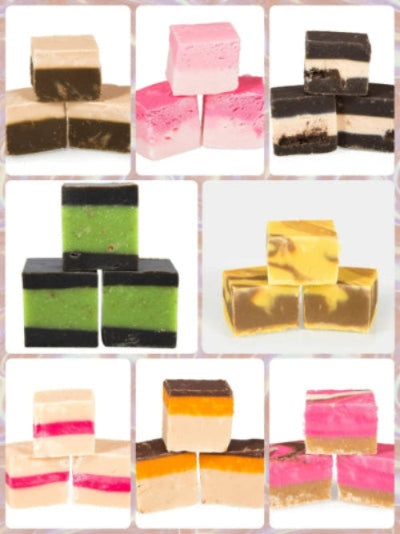 Collage of various colorful layered desserts in a grid pattern.